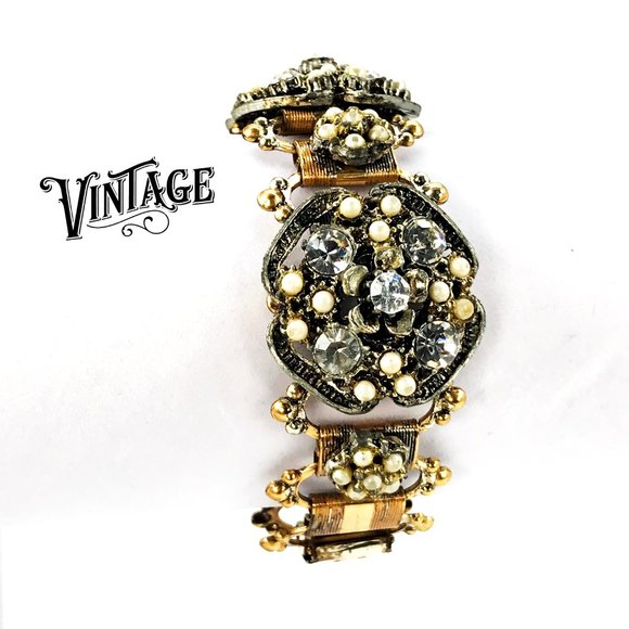 Artisan Jewelry - Vintage Repurposed Bracelet Faux Pearls Swarovski